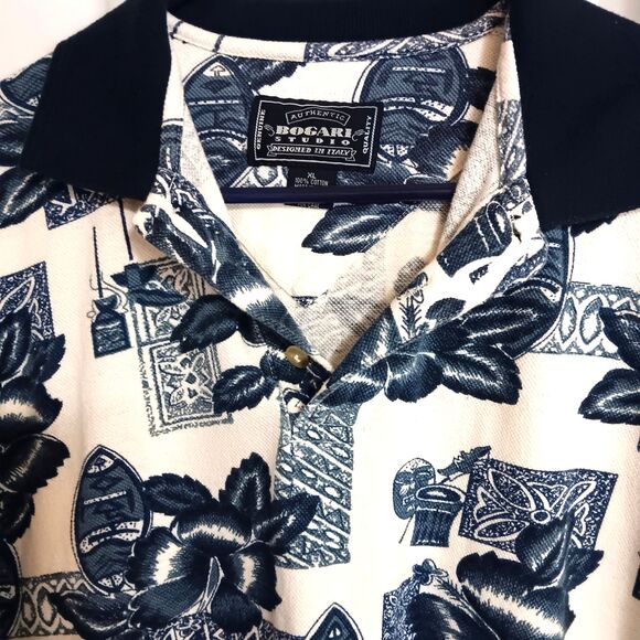 Vtg 90's Bogari Studio LX Blue Hawaiian Tribal Print Knit Polo Shirt Italy - Picture 3 of 9